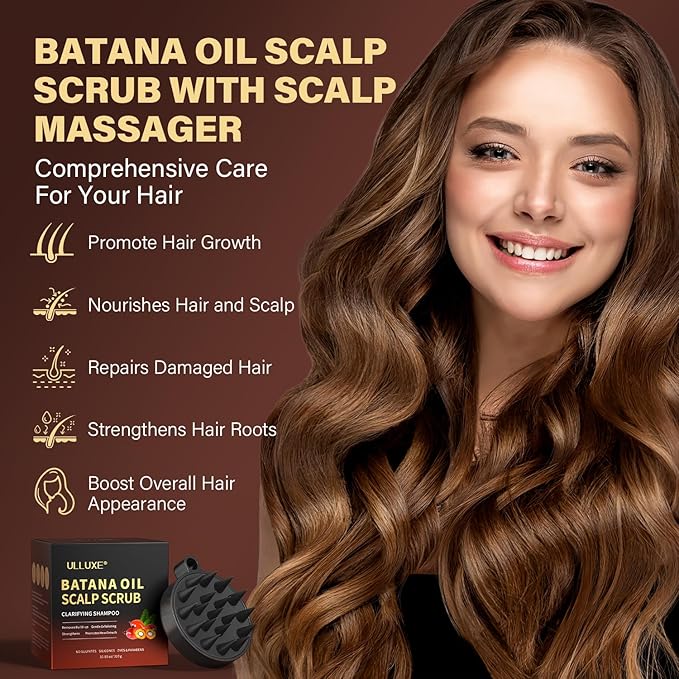 Scalp Scrub, Batana Oil Scalp Exfoliator 2-in-1 Clarifying Shampoo with Rosemary Mint, Hair Care Scalp Cleanser for Itchy Oily Scalp, Removes Build Up & Dandruff, Includes Scalp Massager, 10.93 oz