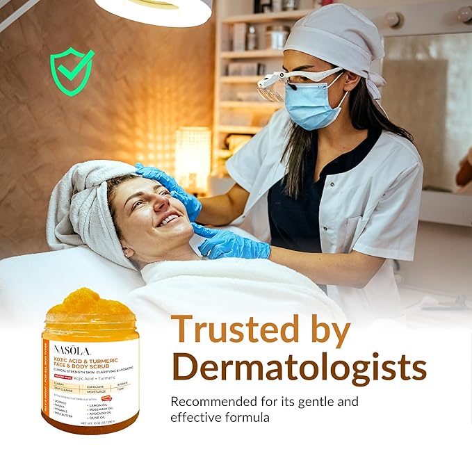 Nasola Kojic Acid Turmeric Face and Body Scrub - Moisturizing & Exfoliating Sugar Scrub with Shea Butter & Oils For All Skin Types - Removes Dead Skin for Hydrated Feel, Great Gifts For Women & Men