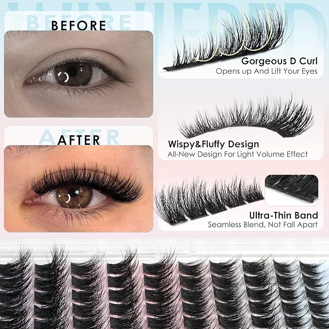 Natural Lash Clusters 3D Wispy Cluster Eyelash Extensions Fluffy Eyelash Clusters Light Volume Lash Extensions DIY 10-16mm Eyelashes Thin Band Hyrid Individual Lashes by Winifred