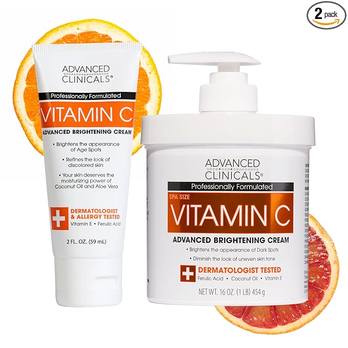 Advanced Clinicals Vitamin C Cream Visibly Brightening Body Lotion | Vitamin C Moisturizer Skin Care Body Cream For Women & Men Visibly Improves Look Of Dark Spots & Uneven Skin Tone, W/Travel Size