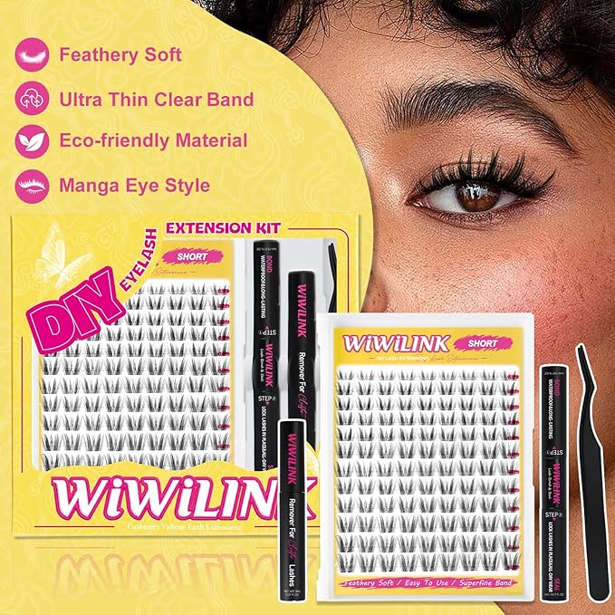 Wispy Lash Clusters DIY Lash Extension Kit Natural Eyelash Clusters D Curl 8-14mm with Bond, Seal, and Remover - Invisible Band Lashes Clusters, Spike False Eyelashes, Freya Short-Kit