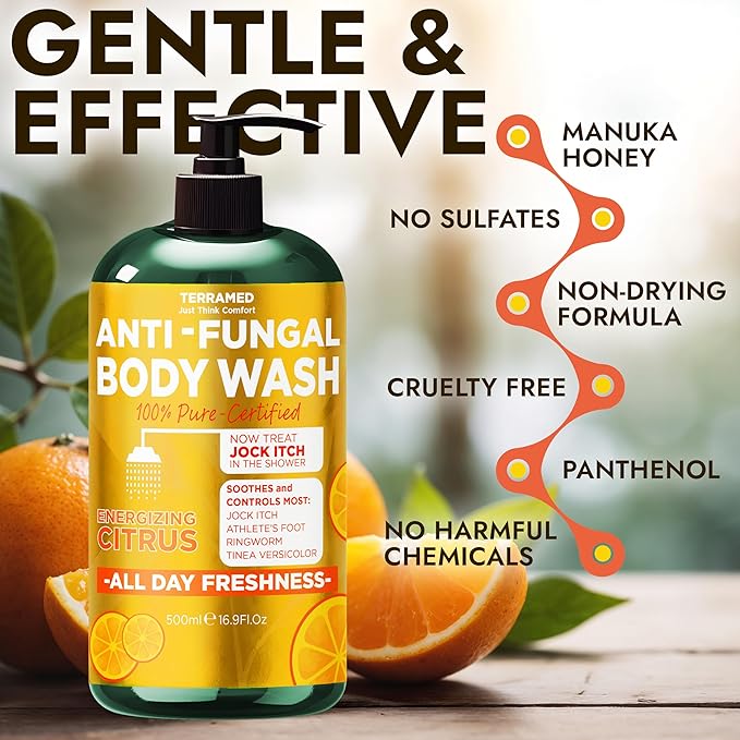 Antifungal Body Wash with Tea Tree Oil & Lemon Oil | 1% Tolnaftate Soap Helps Fight Ringworm, Jock Itch & Athlete’s Foot | Itch & Odor Relief | Medicated Citrus Body Wash for Men & Women | 16.9 oz
