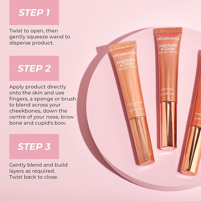 MCoBeauty - Highlight and Glow Beauty Wand - Buildable Liquid Highlighter - Radiant Pink Shade - Soft Pink with Cushion Applicator for Soft, Radiant Finish - Highlighters Makeup