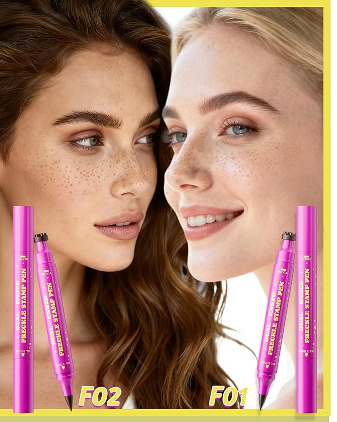 2 Color Faux Freckle Stamp Pen Kit, Upgrade Dual Ended 2-in-1 Waterproof Fake Freckle Pen with Multi-Prong Freckles Stamp Head for Women to Easily Create Natural Long-Lasting Sunkissed Makeup