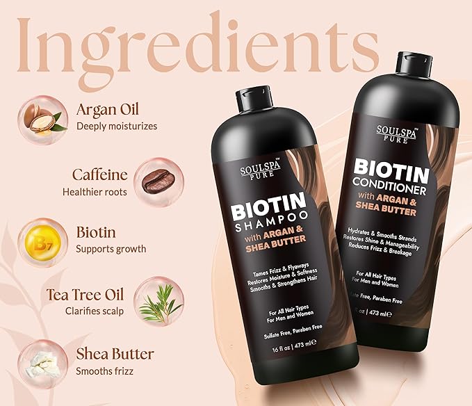 SOULSPA PURE Biotin Argan Oil Shampoo and Conditioner Set - Shea Butter Moisturizing Formula for Curly, Dry & Damaged Hair - Deep Hydration for Men & Women - Made in USA - 16 fl oz Each