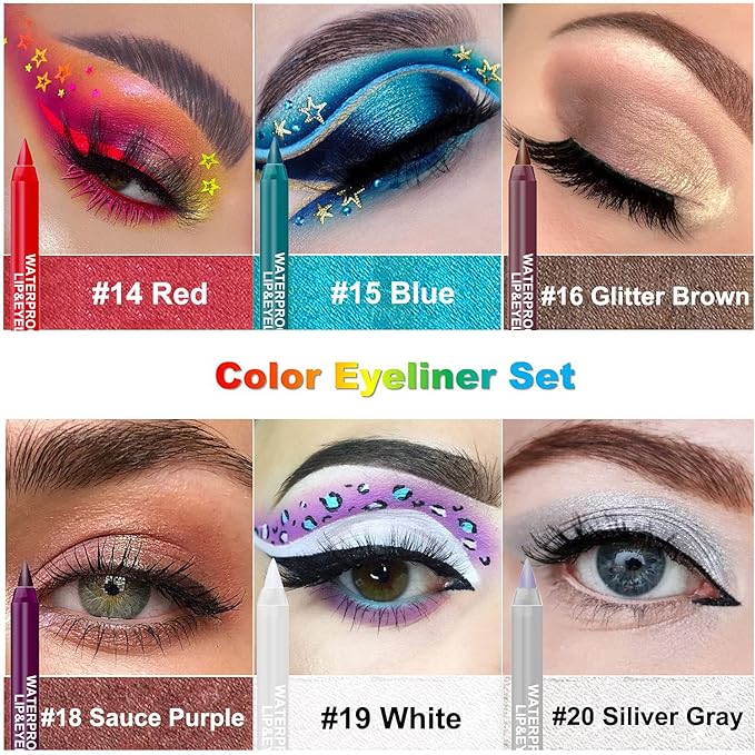 LemonSac 15PCS Colorful Eyeliner Pen Set, Eye Shadow Pencil, Pearl & Matte Metallic Glitter Eyeliner for Women, Eye & Lip Liner, Professional Eye Makeup Set