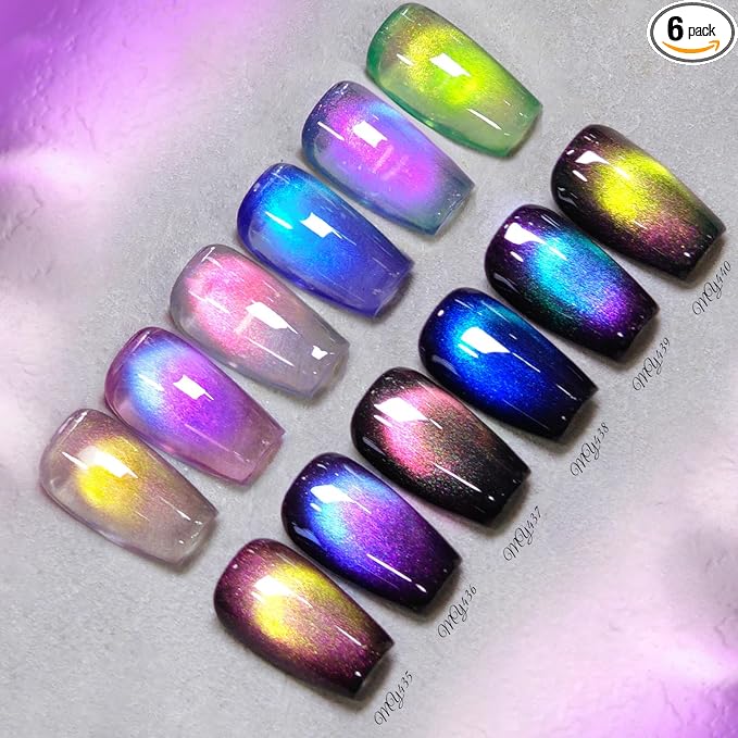 Born Pretty Cat Magnetic Eye Gel Nail Polish Set,Glitter Blue Pink Green Purple Holographic Magnetic Gel Polish Shimmer Auroras Gel Polish for Salon Manicure DIY 6PCS 7ML