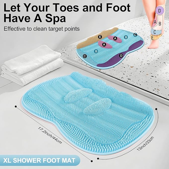 Bath Shower Foot Scrubber Mat - Silicone Shower Foot Scrubber Mat (XL) Cleaner Foot Toes Clean Pad Without Bending Non-Slip Suction Cups Bathroom mat 17.2 * 13 inch - Light Blue