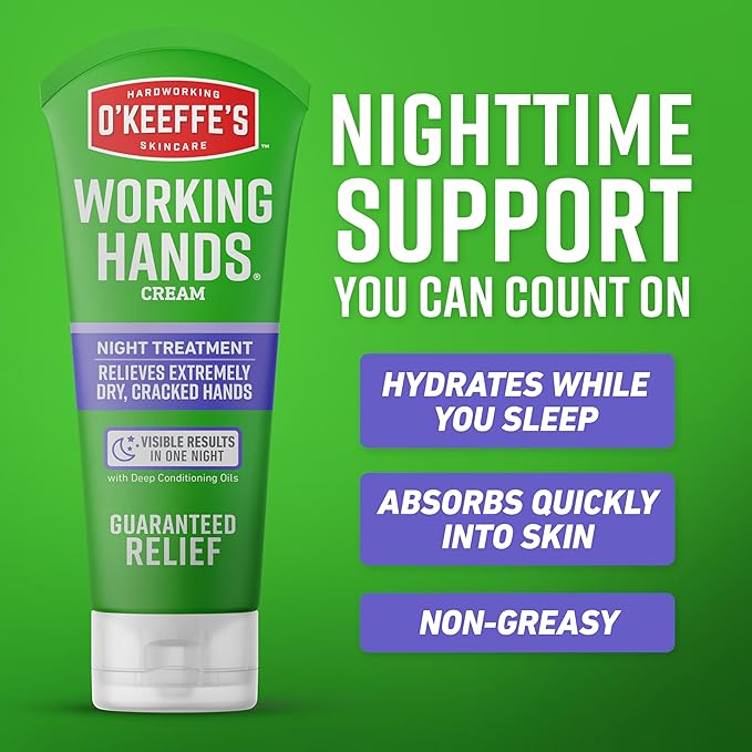 O'Keeffe's Working Hands Night Treatment Hand Cream for Extreme Dryness - 7 oz Tube (2 Pack) - Repairing Skincare for Cracked, Dry Hands