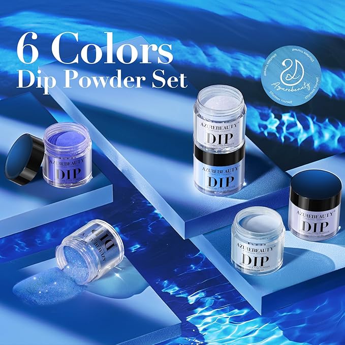 AZUREBEAUTY Dip Powder, Sky Blue Glitter 6 Colors Dipping Powder Starter Kit French Nail Art Manicure DIY Salon for Women, No Need Nail Lamp Cured