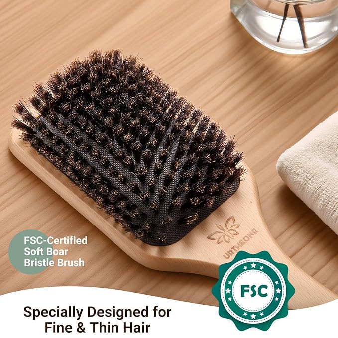 URTHEONE Soft Boar Bristle Hair Brush and Wide Tooth Comb Set | Detangle & Smooth for Ultimate Shine, Frizz Control & Slick Back Styles, Beechwood Base