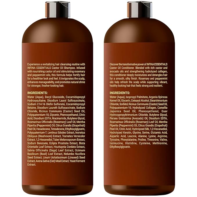 Castor Oil Shampoo and Conditioner Set for Hair Growth with Rosemary & Peppermint Oil - Cleanse Hair, Strengthen & Shine with Castor Shampoo and Conditioner - Anti-Hair Loss for Men & Women - 16 fl oz