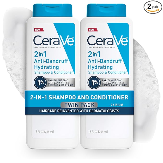 CeraVe 2 In 1 Hydrating Anti Dandruff Shampoo And Conditioner Twin Pack, 1% Pyrithione Zinc Dandruff Treatment Helps Eliminate Dandruff, Color Safe & Sulfate Free, 12 Fl Oz Each (Set of 2)