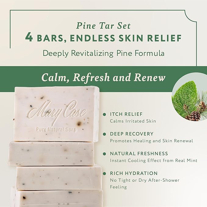 Mary Case Pine Tar Bar Soap Set of 4 | Natural Soap with Olive, Coconut & Pine Oils + Dried Mint | Vegan Bath Soap for Men & Women | Revitalizing & Soothing Skin Care