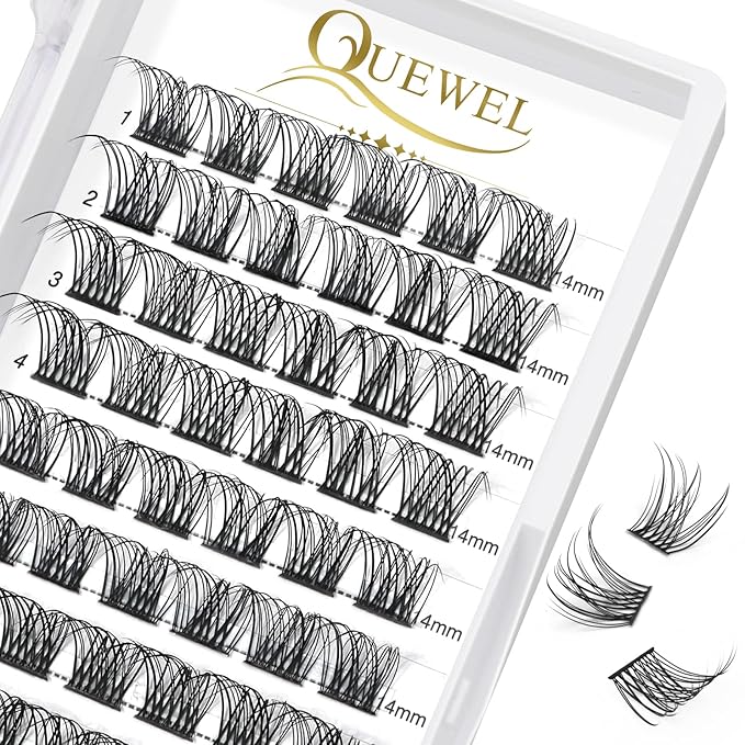 QUEWEL Lash Clusters 72 Pcs Cluster Lashes Wide Stem Eyelash Clusters C/D Curl 8-16mm DIY Eyelash Extensions Natural Style for Self Easy To Use at Home(Natural-D-14)
