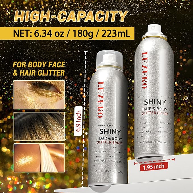Hair and Body Glitter Spray for Women, Dazzle Gold Shimmer Makeup, Large Capacity for Concert Wedding Festival Rave Outfits, 200ml/6.34oz