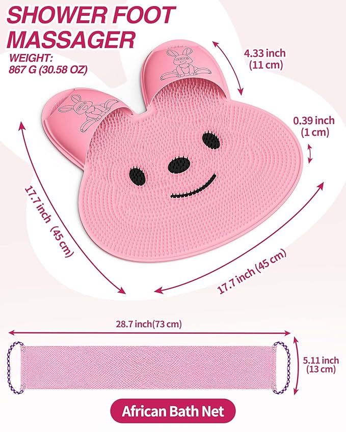 Manmihealth Rabbit-Shaped Silicone Foot Brush Mat for Shower with Non-Slip Suction Cups, Silicone Back Scrubber with Long-Handle, Shower Face Body Scrubber, Scalp Massager, Bath Sponge Net Set (Pink)