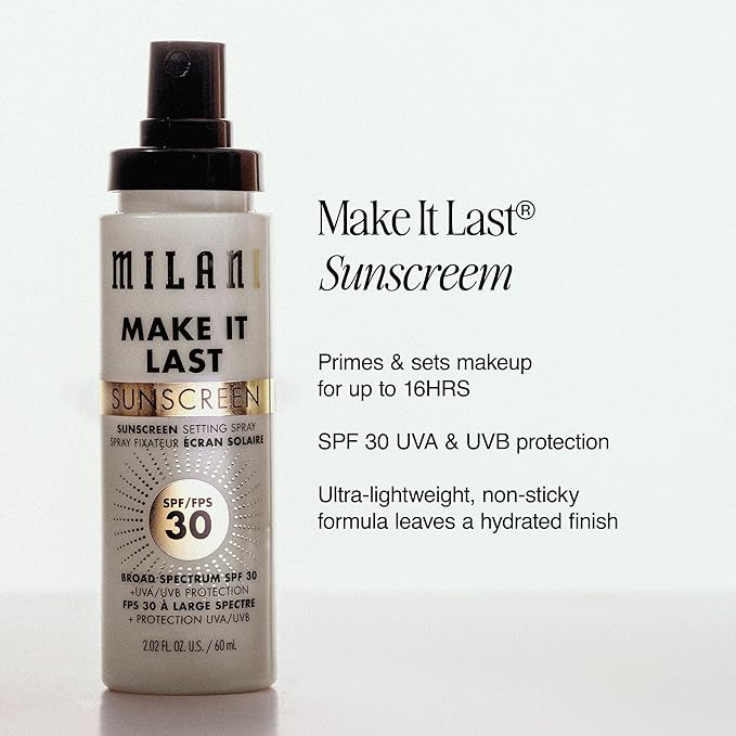 Milani Sunscreen Setting Spray + Primer, Make It Last Sunscreen for Face- SPF 30 UVA & UVB Protection Antioxidant Rich Formula for Broad Spectrum Protection, Prime + Set + Protect, 2.02Fl. Oz - 2 Pack