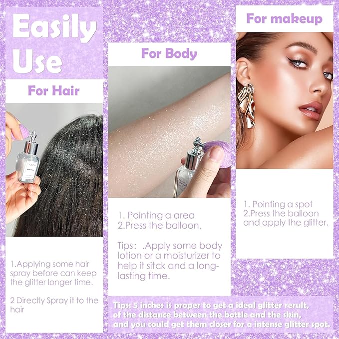 Yosca Highlighter Powder Spray, 20ML Cosmetic High Gloss Body Shimmer Powder Fairy Dust Highlighter Sparkle Face Makeup Setting Magic Diamond Glitter Spray Shimmer Face Body Skin Hair Clothes
