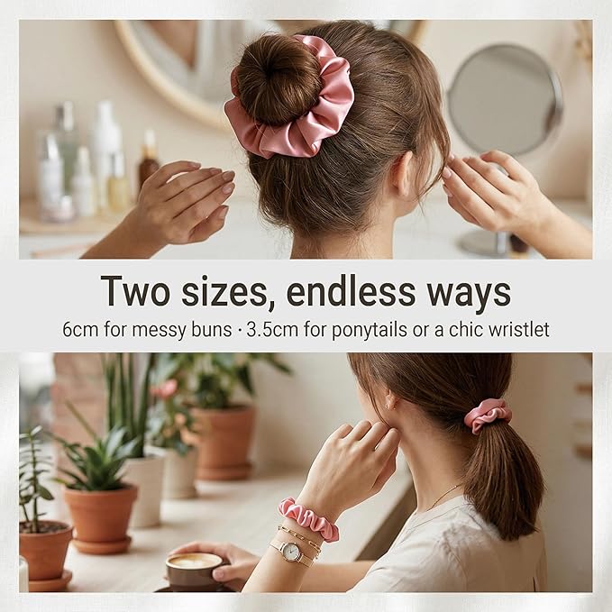 ZLYC 100% Mulberry Silk Scrunchie 19 Momme Gentle Creaseless Hair Tie for Women Dent-Free Ponytail Holder, 3.5cm Solid Peach Pink