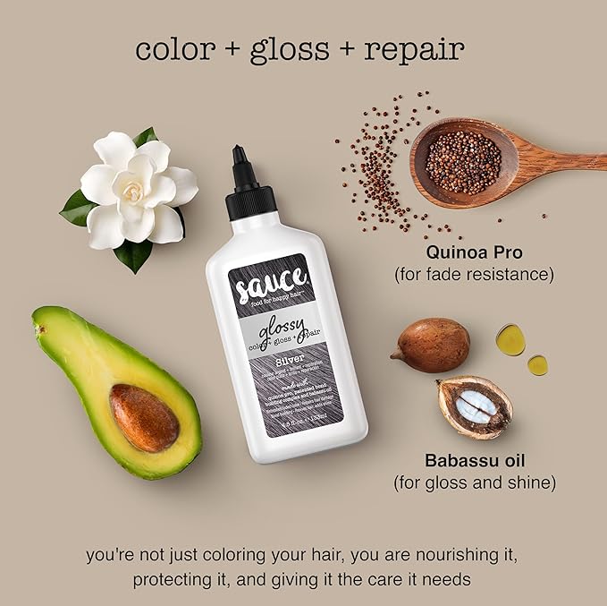 Sauce Beauty Glossy Color + Gloss + Repair, Silver, Semi Permanent Hair Dye with Bond-Building and Color-Fade Protection Technology, Adds Shine & Deep Moisture, Lasts 4-8 Weeks, Stops Fade