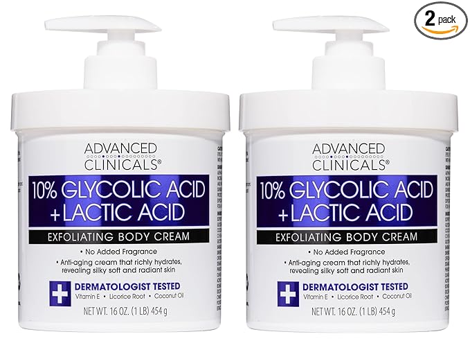 Advanced Clinicals 10% Glycolic Acid + Lactic Acid Lotion Exfoliant Moisturizing Cream With Hyaluronic Acid Moisturizer | AHA Exfoliating Body Cream Improves Look Of Uneven Rough Skin Texture, 2-Pack