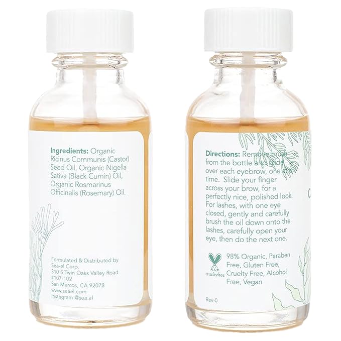 Sea El Castor Lash & Brow Serum Organic Castor Oil Rosemary Oil & Black Seed Oil Hair Conditioner - Eyelashes & Eyebrow Thickening & Growth Essentials for Women & Men - 1 fl oz Bottle