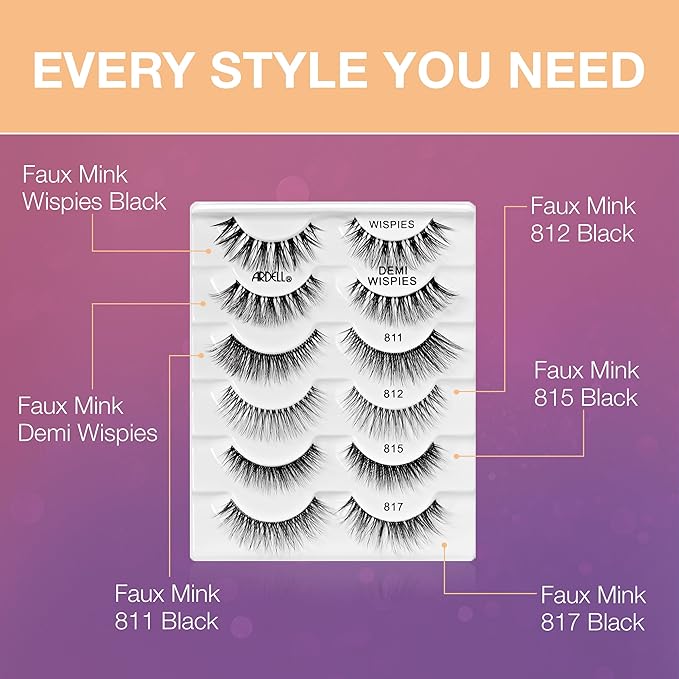 Ardell Faux Mink Wispy False Eyelashes Lookbook Lash Set – Natural Look Wispy Lashes Strip (Demi Wispies, 811, 812, 815, 817) with Lash Adhesive, 6 Pairs, 1 Pack