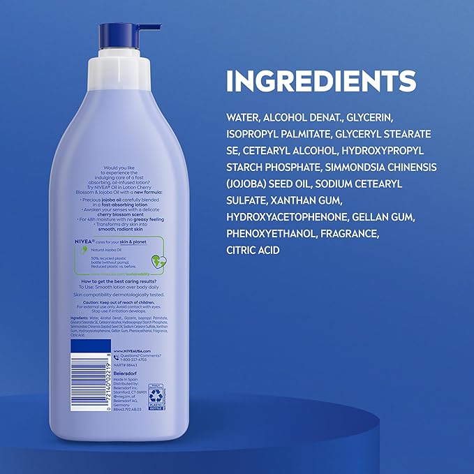 NIVEA Oil Infused Cherry Blossom and Jojoba Oil Body Lotion for Women, Fast-Absorbing and Non-Greasy Cherry Blossom Scented Lotion Moisturizes for 48 Hours, 16.9 Fl Oz Pump Bottle