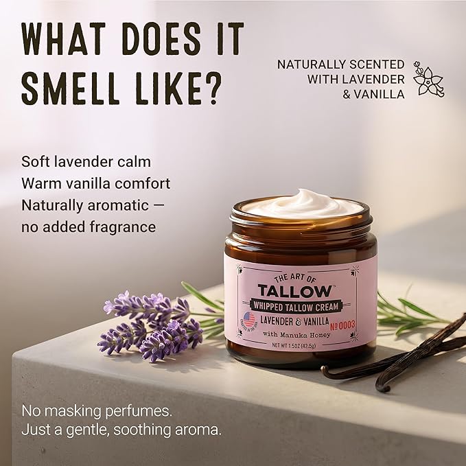 Tallow Face Moisturizer – Lavender Vanilla Beef Tallow for Skin, Whipped Tallow Cream with Manuka Honey & Organic Jojoba Oil, Face Cream, Grass Fed & Finished, Made in USA, 1.5 oz