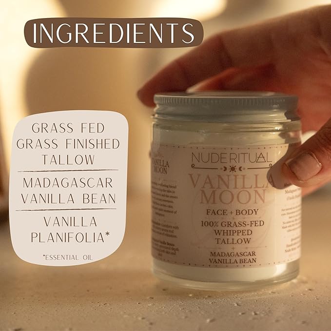 100% Grass-Fed Beef Tallow – Whipped Body Butter Moisturizer for Face & Body – USA Made Natural Lotion Alternative for Dry, Sensitive Skin – 4 oz (Vanilla Moon – Madagascar Vanilla)