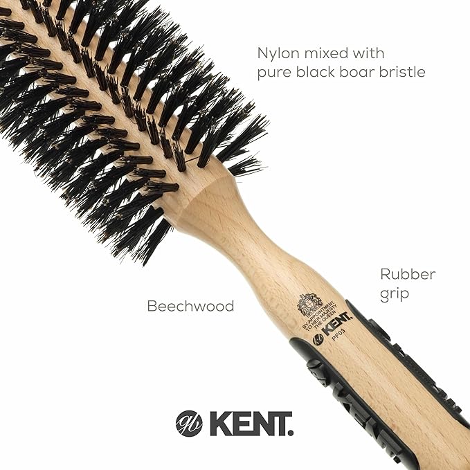 Kent PF03 Round Boar Bristle Hair Brush with Nylon Bristle Mix, Round HairBrush for Blow Drying and Blowout, for Shoulder Length or Short Hair, Rubber Antifatigue Handle