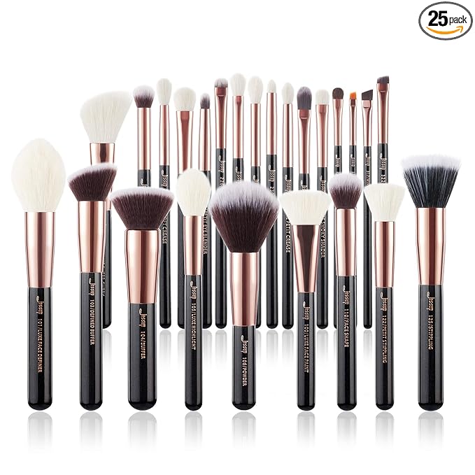Jessup Brand 25pcs Professional Makeup Brush Set Beauty Cosmetic Foundation Powder Blusher Eyeshadow Blending Natural-Synthetic Hair Brushes Set (Black/Rose Gold)
