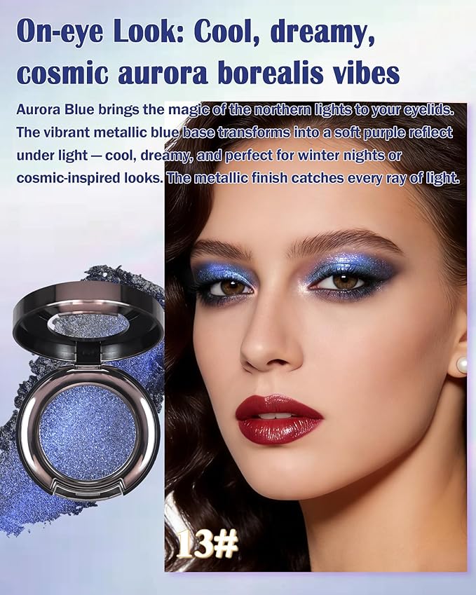 Chameleon Duochrome Glitter Eyeshadow Palette, Holographic Shimmer Single Eye Shadow Palettes, Color Shift Sparkle Iridescent, Multichrome Metallic Eye Brightener Highlighter Makeup-13 Aurora Blue