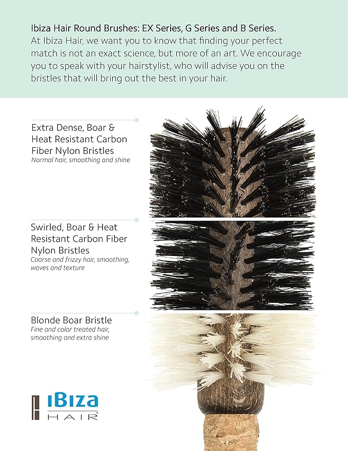 Ibiza Hair Round Boar Bristle Brush (EX2-40mm) | Lightweight with Reinforced Bristles & Cork Handle | Ideal for Bangs & Hairlines | Adds Texture & Shine for Short to Medium Styles