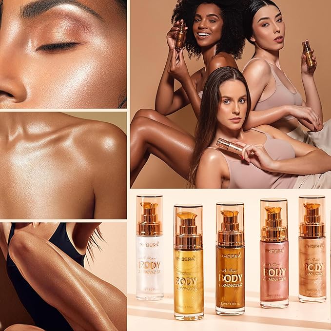 PHOERA Body Shimmer Oil, Bronzer Body Glow Highlighter Luminizer,Illuminator with Makup Bursh,Self Tanning Lotion,1oz/Jars (105#Diamond Platinum)