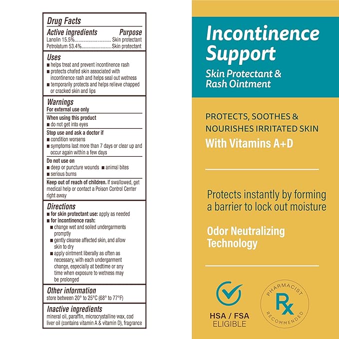 A+D Incontinence Support Skin Protectant & Rash Ointment – Treats & Prevents Incontinence Rash, Soothes Chafed Skin, Odor Neutralizing Technology - 3.5oz