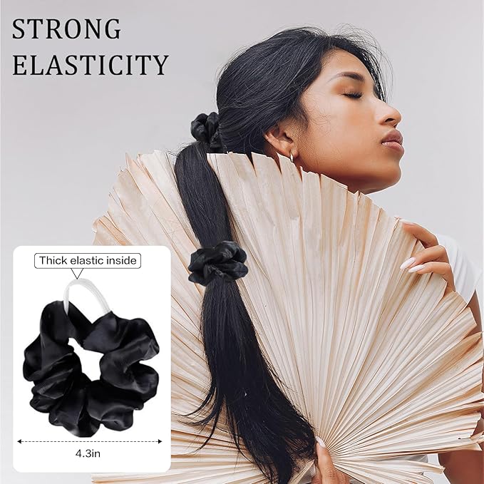 Satin Scrunchies for Women, Girls & Kids 60 Bulk Pack, Silk Hair Ties No Damage, Black Scrunchie for Sleeping, Silky Ponytail Holders Scrunchy for Thick, Curly, Medium, Thin, Fine Hair Non Slip