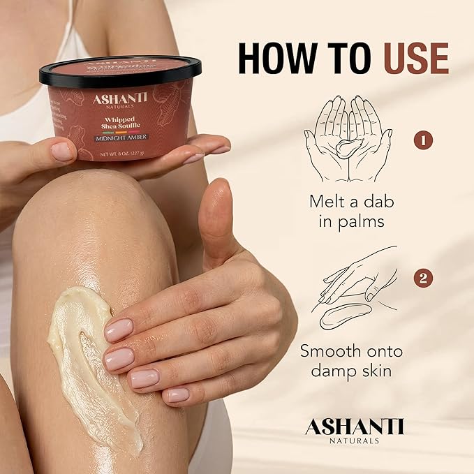 Ashanti Naturals Scented Whipped Shea Butter | African Body Butter for Men w/Coconut and Almond Oil (Midnight Amber Souffle, 8 oz)