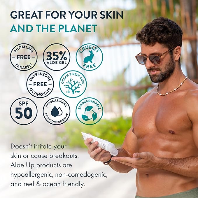 Aloe Up White Collection SPF 50 | Sunscreen Lotion for Face & Body with Aloe Vera Gel | Water Resistant up to 80 Minutes | Reef Friendly, Non Greasy, Fast Absorbing | Coco Mango Fragrance 4 Oz