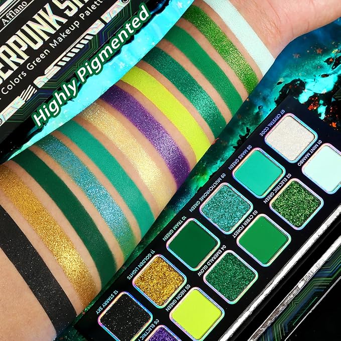 Afflano Multichrome Green Eyeshadow Palette, Color-Shifting Emerald Green Glitter Eyeshadow Pallet, Yellow Lime Teal Chrome Eye Shadow Palette for Women Blue Brown Eyes Makeup Party Daily Goth Look