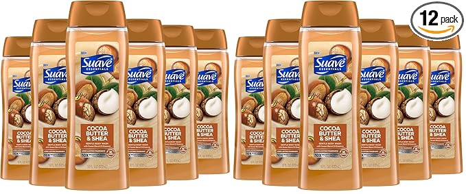Suave Moisturizing Body Wash, Cocoa Butter and Shea with Vitamin E Extract, No Parabens, No Phtahaltes, 18 Oz (Pack of 12)