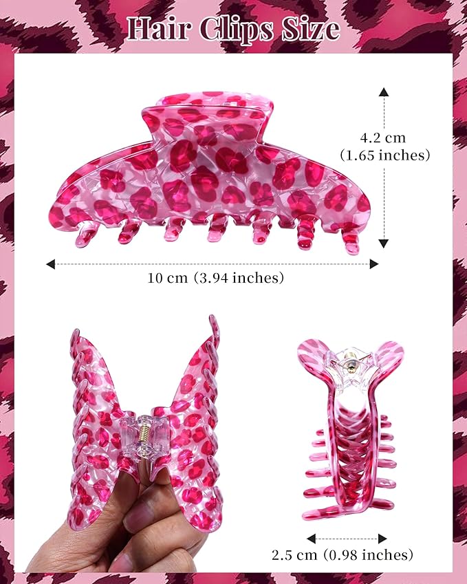 Mesovor 4 Pack Acrylic Hair Clips Claws, Nonslip 3.94" Large Hair Grip Hairclips for Thin and Thick | French Banana Barrettes Hair Strong Hold Hair Jaw Clamps (Pink Leopard)
