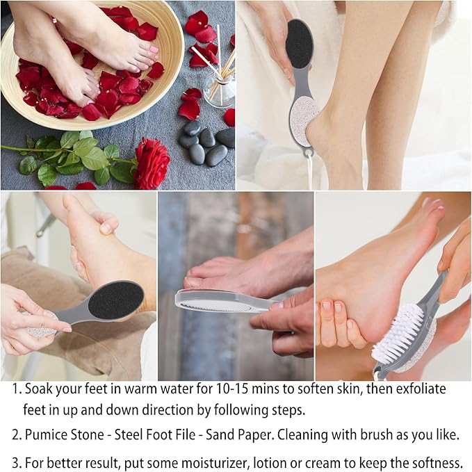2 Pcs 4 in 1 Foot Scrubber Dead Skin Remover for Feet, Including Foot Files, Heel Scraper, Foot Brush and Pumice Stone, Multi Purpose Foot Callus Remover Pedicure Tools