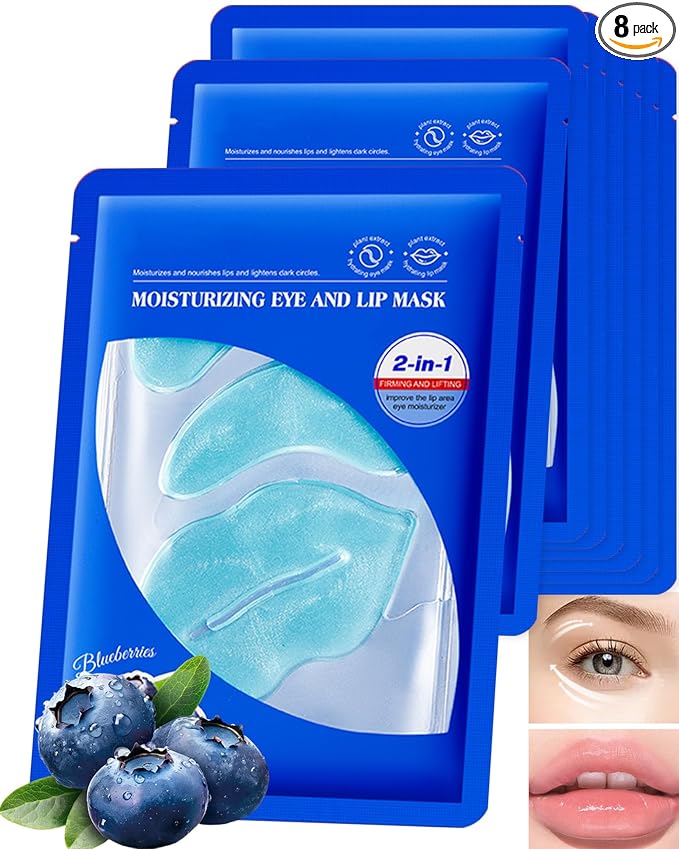 Lip Eye Mask Kit,8 Pcs Blueberry Crystal Collagen Under Eye Patches for Dark Circle Puffiness Dry Line,Hydrating Moisturizing Skincare Lip Mask Eye Pads,Mother’s Day Skin Care Product for Women-Set B