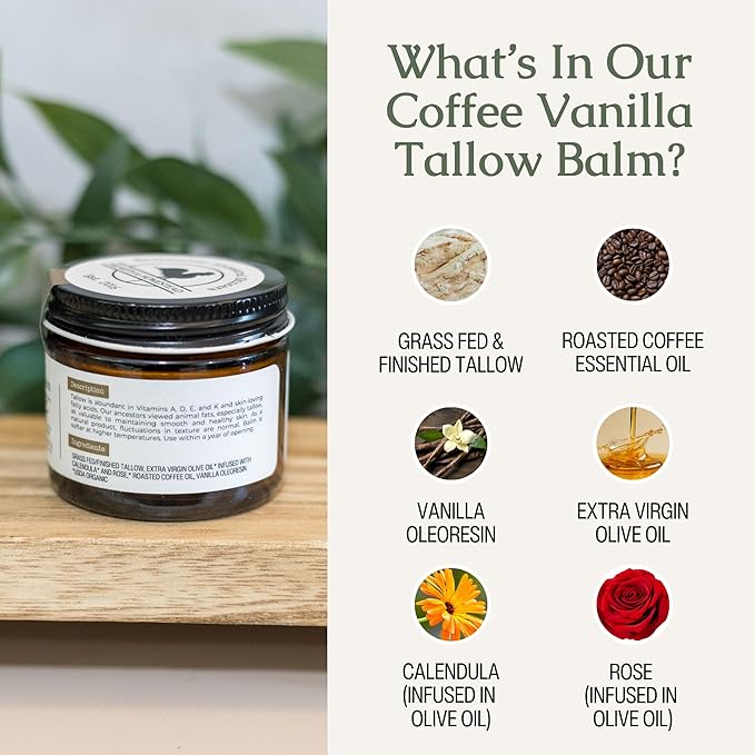 Hearth & Homestead Whipped Beef Tallow for Skin & Face - 100% Grass Fed, Eczema Cream & Body Butter, Organic Olive Oil, Calendula & Rose, Lotion & Hand Moisturizer for Dry Skin, Coffee Vanilla, 1.3oz