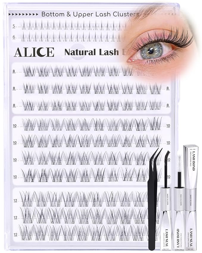 ALICE Short Lash Clusters Kit 8mm-10mm-12mm Natural Clear Band Cluster Eyelash Extension Kit Wispy Eyelash Clusters Kit with Bottom Lashes Bond and Seal DIY at Home
