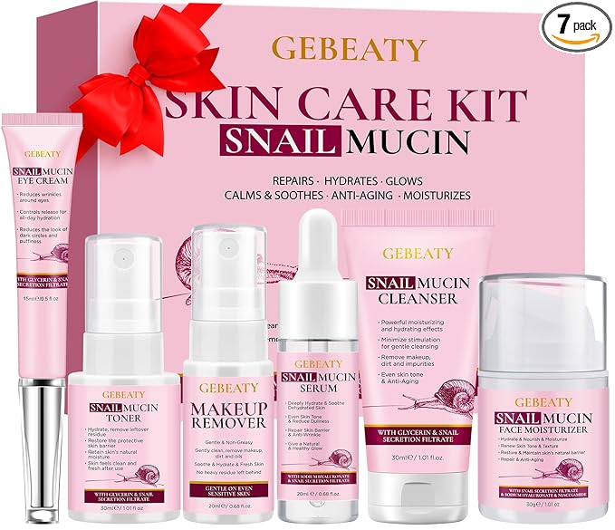 Skin Care Set,6 Pcs Korean Snail Mucin Essence Anti-aging Moisturize Repair Soothe Hydrate,Glass Skincare Gift Kit for Dull & Dry Skin,Self Care Skincare Gifts for Women Mother Mom Wife Teenage Girls