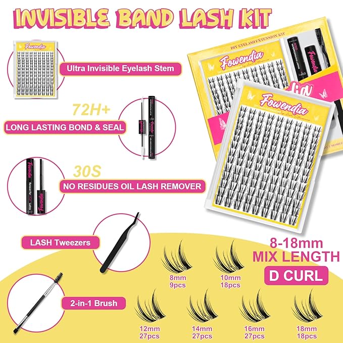 Fowendia Lash Clusters Freya Manga Lashes Clusters DIY Lash Extension Kit 8-18mm D Curly Eyelash Clusters with Bond, Seal, and Remover - Invisible Band 0.3mm Wispy Cluster Lashes Spikes Eyelashes Kit