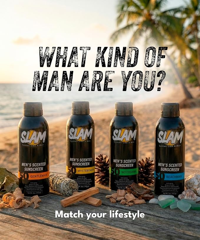 SLAM Men’s Sunscreen SPF 50 Spray - Broad Spectrum UVA/UVB Protection - Non-Greasy & No Harsh Chemicals - GentleMan Bergamot Cedar Patchouli Cologne Scented - 2 Pack